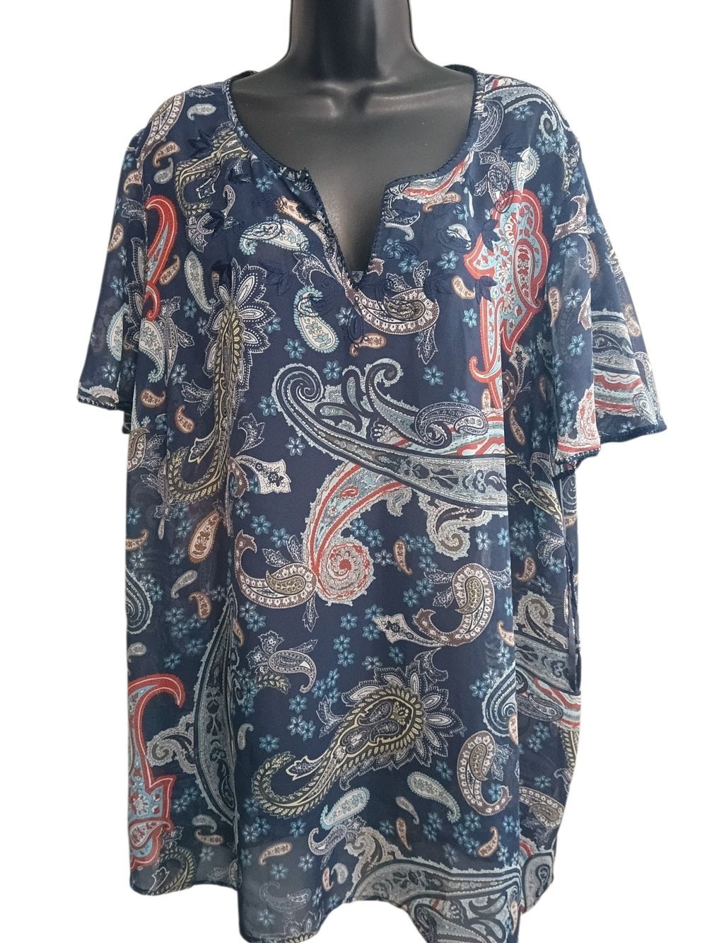 Style & Co. Shirt 20W Women's Navy Paisley Split-Neck Sheer Lightweight Top